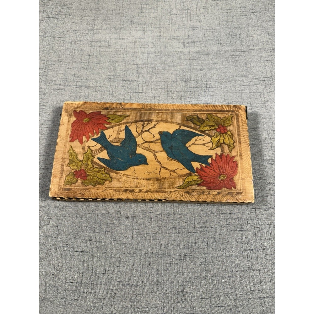 Antique 1915/1918 Pyrography Wood Box Bluebirds Poinsettia DIY Repair Project